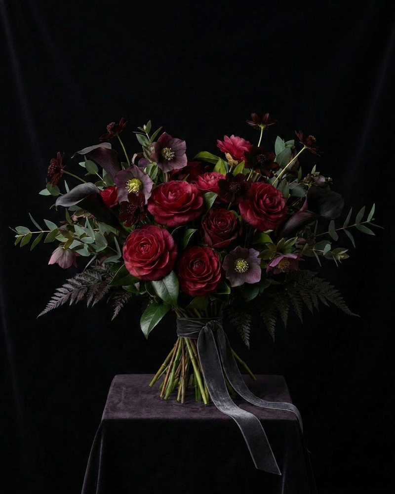 Dark, low-light arrangement built around camellia.