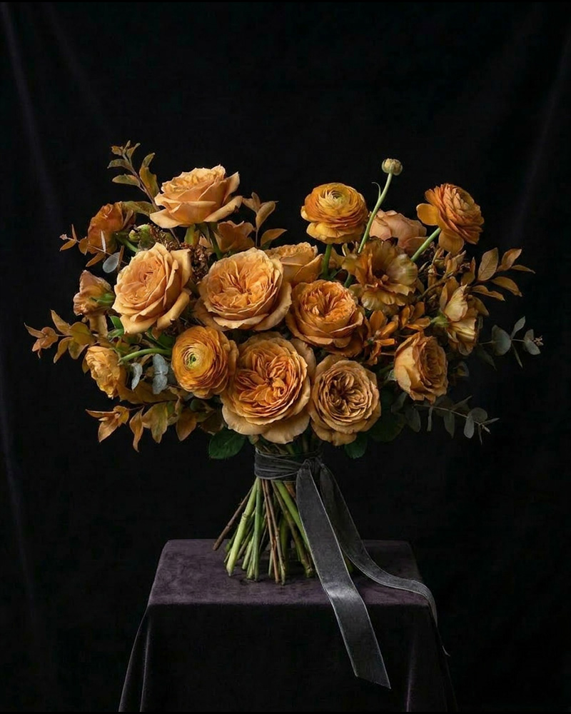 Warm, golden-toned bouquet in amber and honey light.