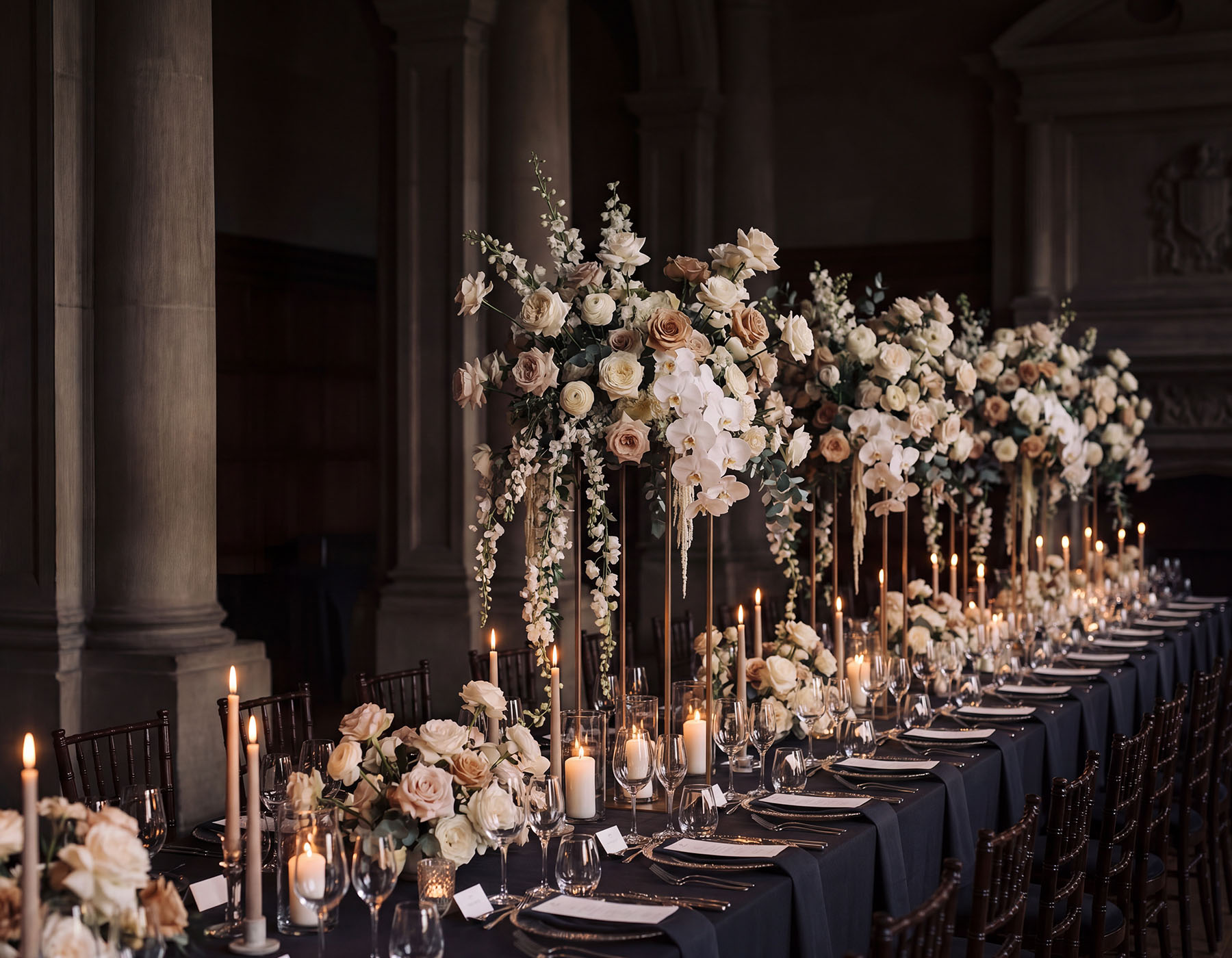 Tall entrance installation at an evening gala.
